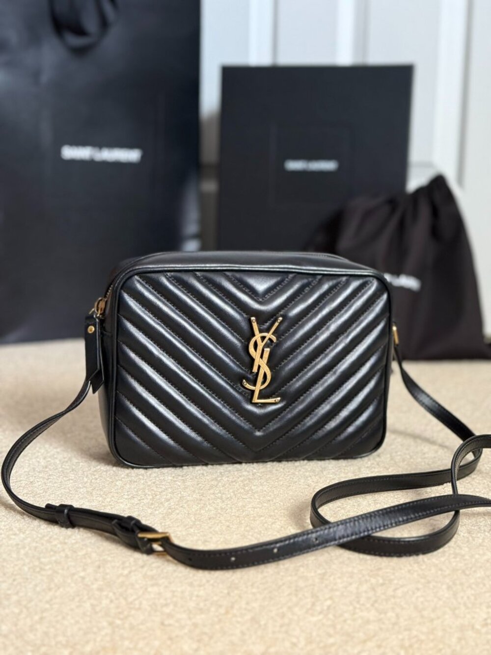 AUTHENTIC Saint Laurent Lou Camera Bag Black Quilted Gold Hardware COMPLETE